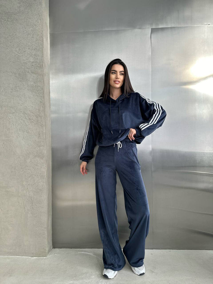 Damen Samt Hoodie Und Weite Hose Set – Bequemes Lounge Outfit