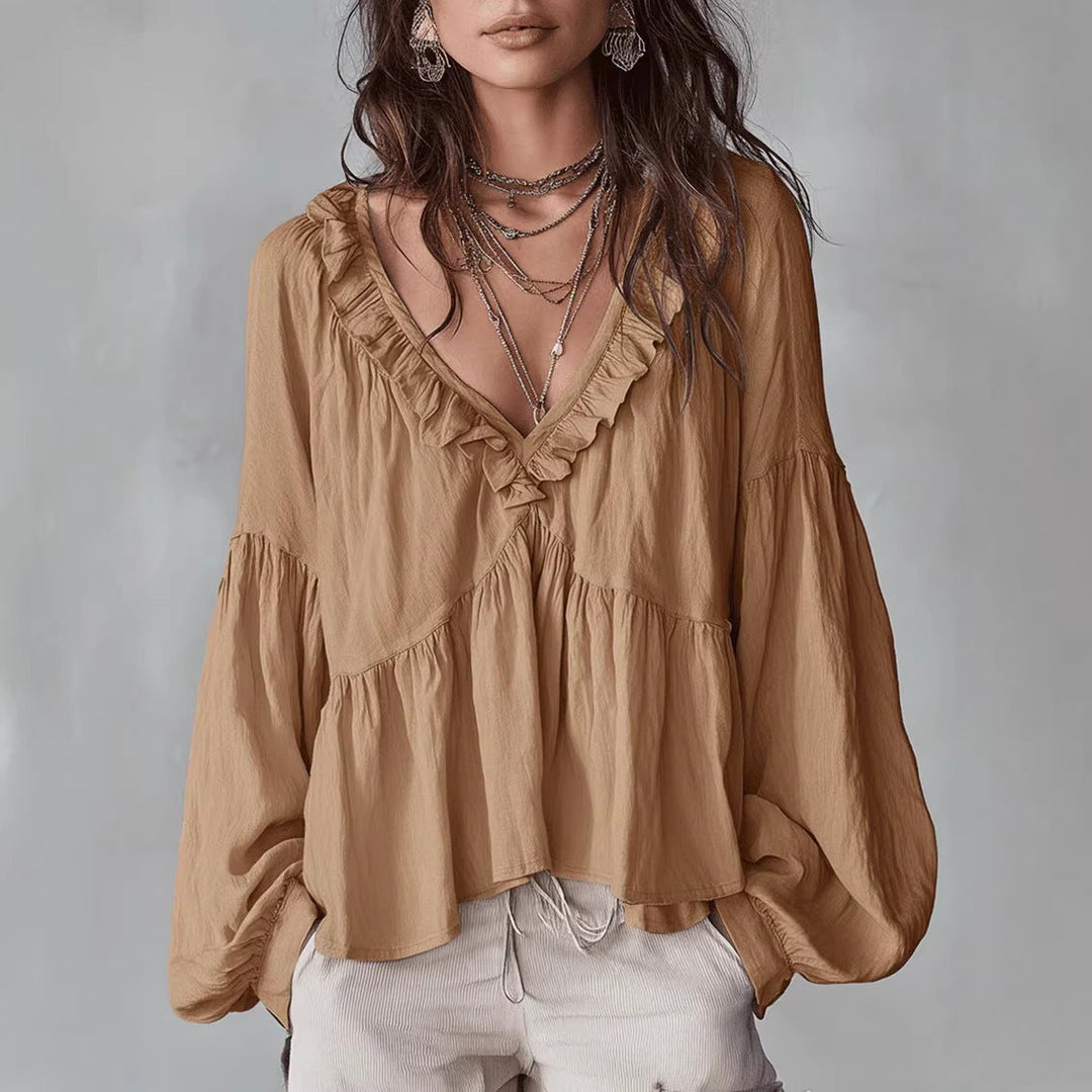 Women's Flowing Top with Ruching and V-Neck – Casual Elegant Blouse