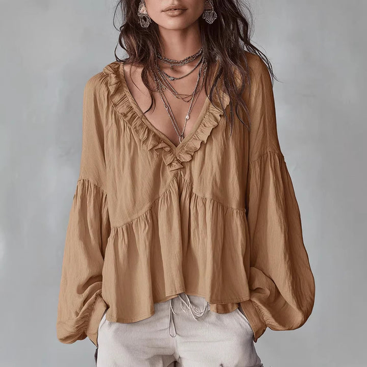 Women's Flowing Top with Ruching and V-Neck – Casual Elegant Blouse
