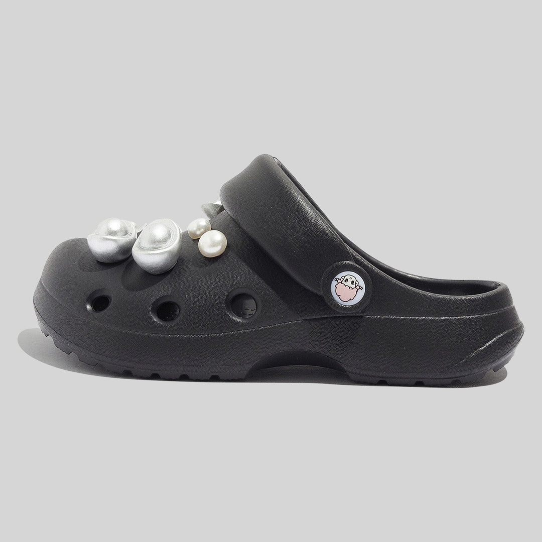 Women's Sturdy Black Clogs With Decorative Beads And Pearl Embellishments