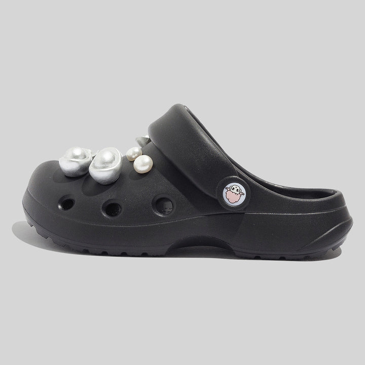 Women's Sturdy Black Clogs With Decorative Beads And Pearl Embellishments