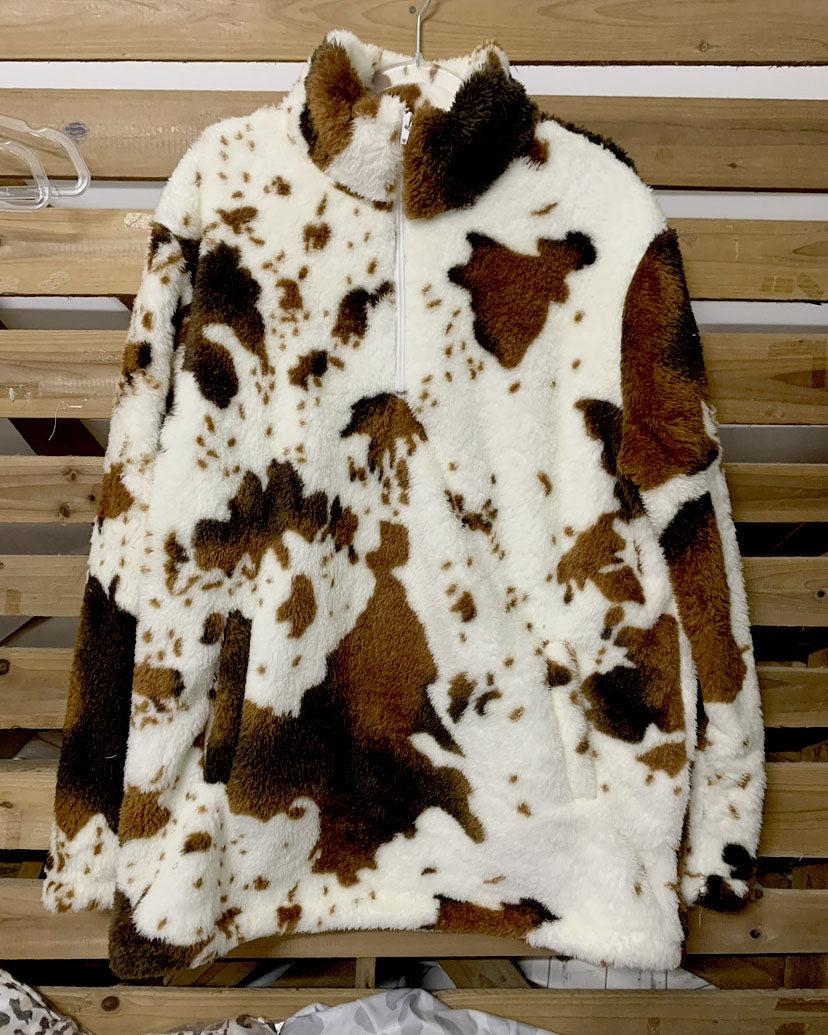 Sudadera de borreguillo para mujer con estampado de vaca y cremallera de un cuarto