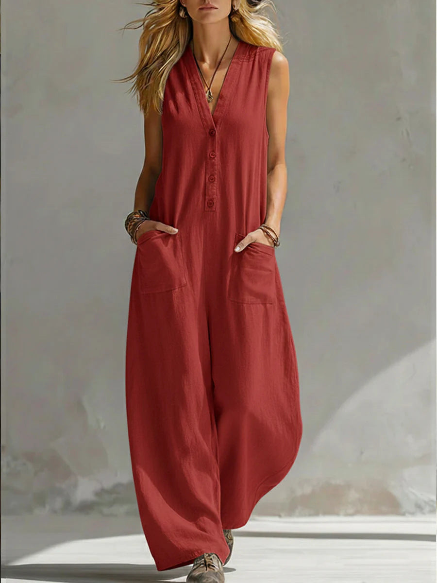 Women's Sleeveless V-Neck Jumpsuit – Wide Leg with Pockets