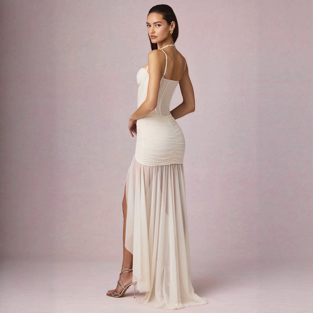 Women's Ruched Asymmetric Corset Dress in Ivory – Luxurious Wedding Dress