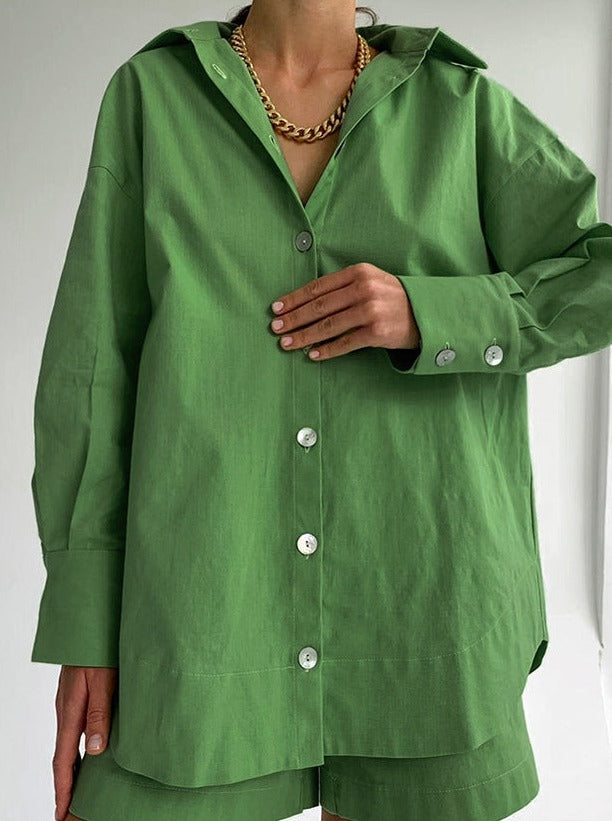 Ensemble en coton pour femmes avec blouse oversize et pantalon décontracté