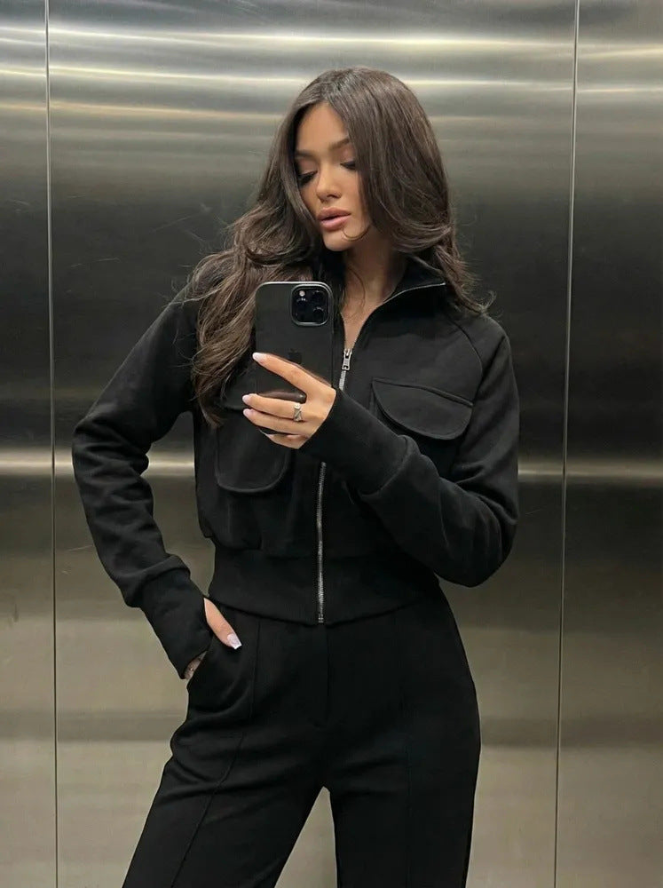 Women's Warm Tracksuit – Comfortable Two-Piece Set with Pockets and High Collar
