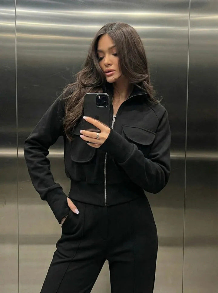 Women's Warm Tracksuit – Comfortable Two-Piece Set with Pockets and High Collar