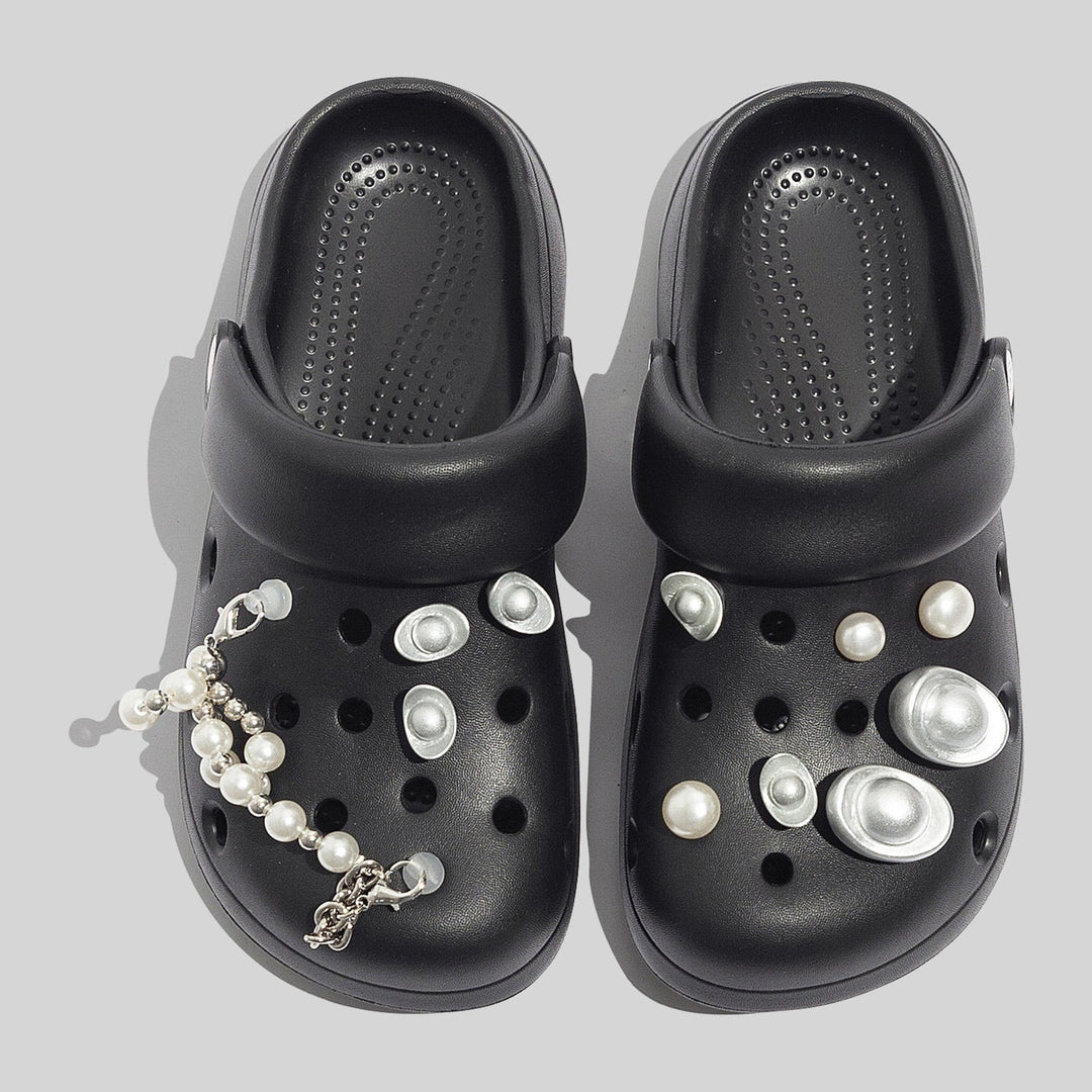 Women's Sturdy Black Clogs With Decorative Beads And Pearl Embellishments
