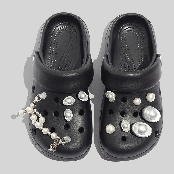 Women's Sturdy Black Clogs With Decorative Beads And Pearl Embellishments