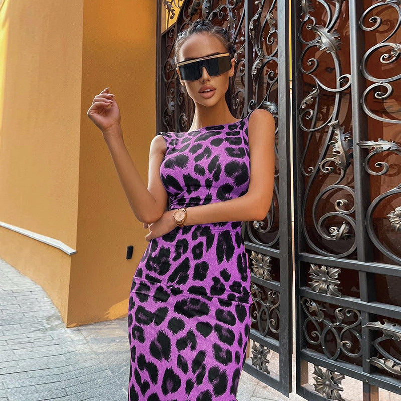 Women's Fitted Leopard Print Dress – Sleeveless Trendy Party Dress