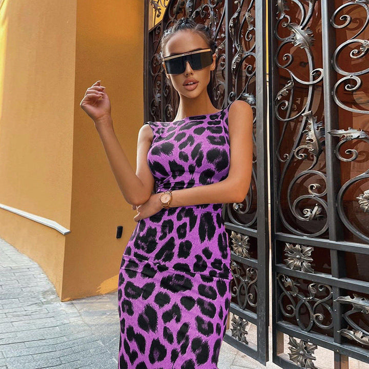 Women's Fitted Leopard Print Dress – Sleeveless Trendy Party Dress
