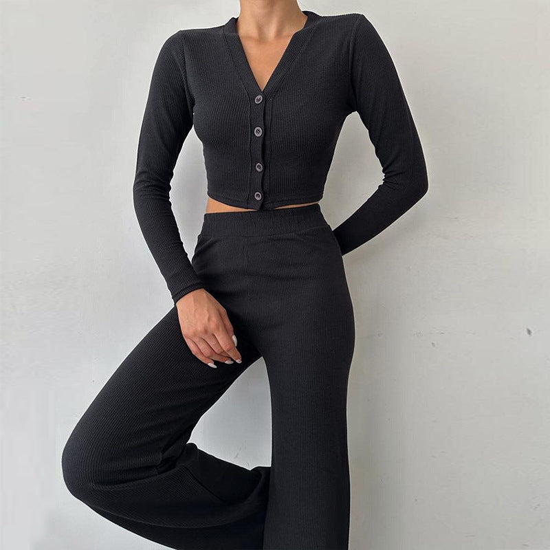 Conjunto de crop top ajustado para mujer y pantalones de cintura alta – conjunto de dos piezas con botones