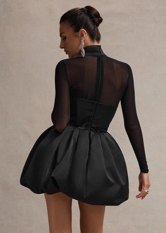 Women's mini dress made of satin with puff skirt and V-neckline