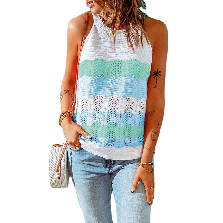 Top tricoté sans manches pour femme – Débardeur d'été à motif ondulé coloré