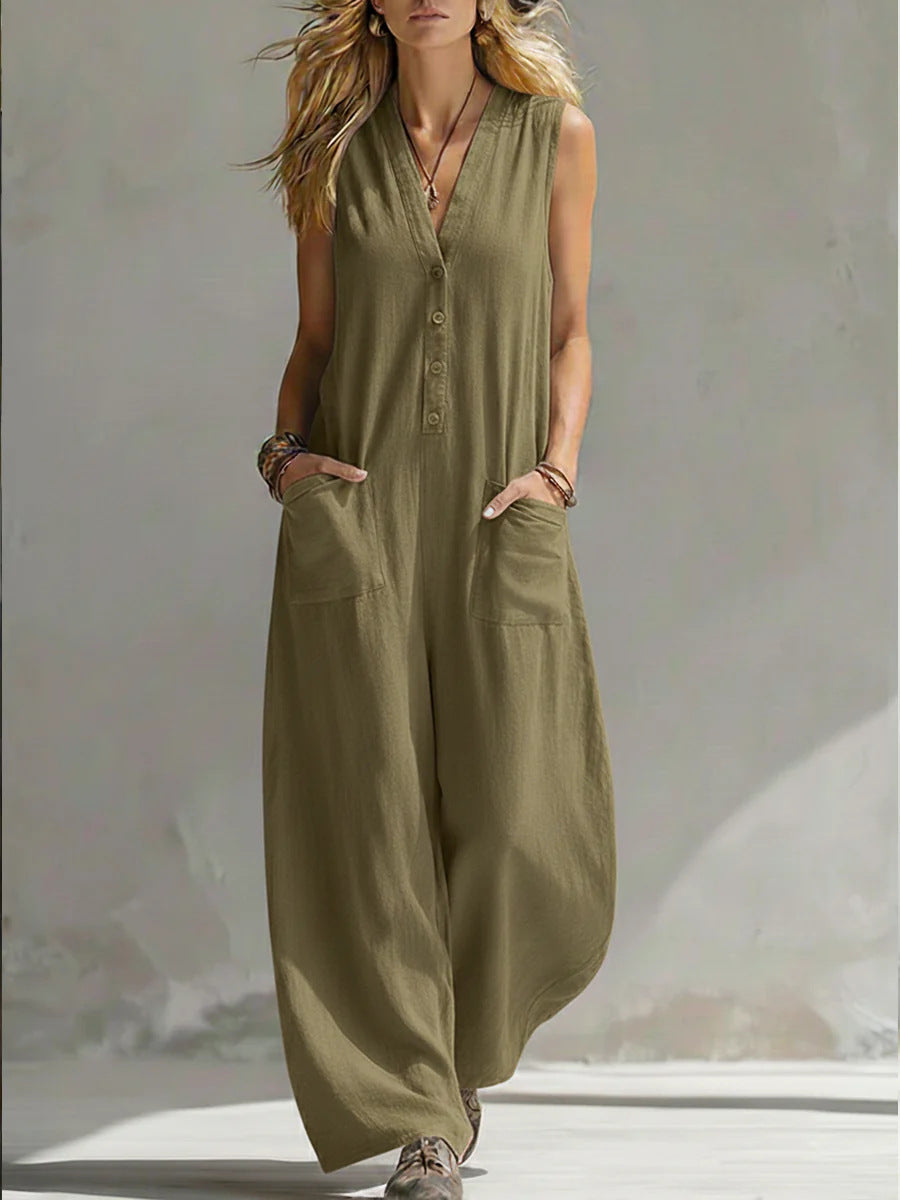 Women's Sleeveless V-Neck Jumpsuit – Wide Leg with Pockets