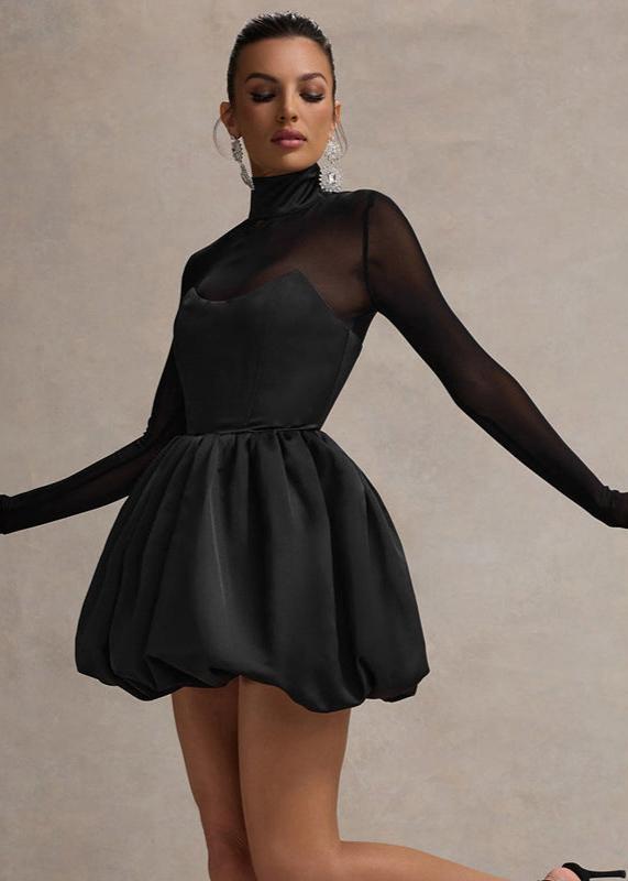 Women's mini dress made of satin with puff skirt and V-neckline