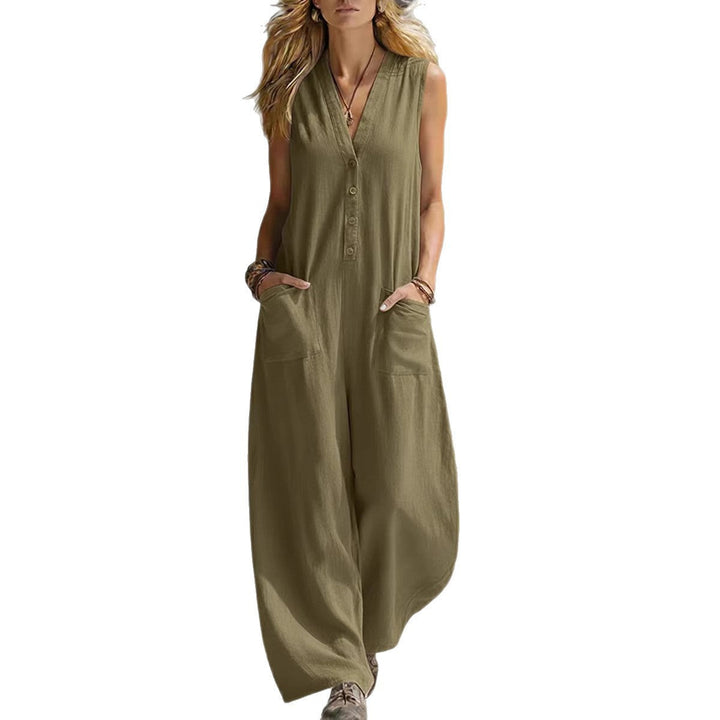 Women's Sleeveless V-Neck Jumpsuit – Wide Leg with Pockets