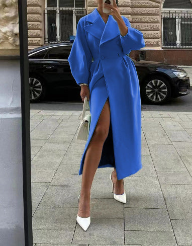 Elegant long women's trench coat – lapel collar & lantern sleeves – modern