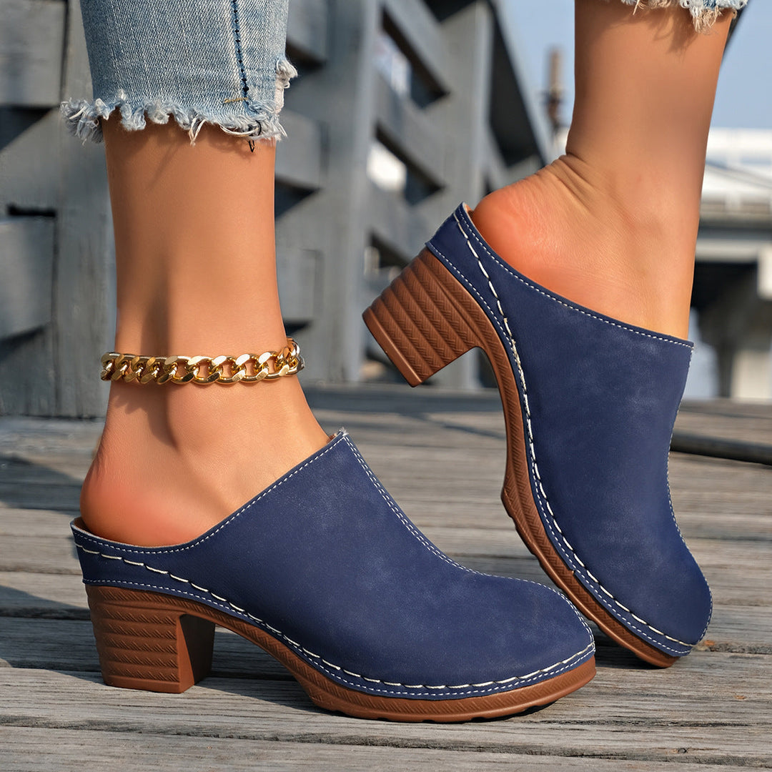 Women's Black Suede-Look Block Heel Mules with White Stitching