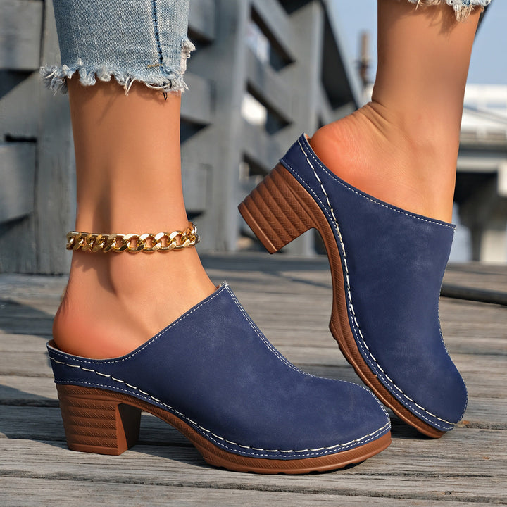 Women's Black Suede-Look Block Heel Mules with White Stitching