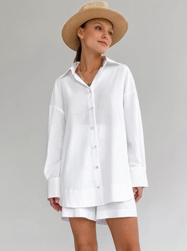 Ensemble en coton pour femmes avec blouse oversize et pantalon décontracté