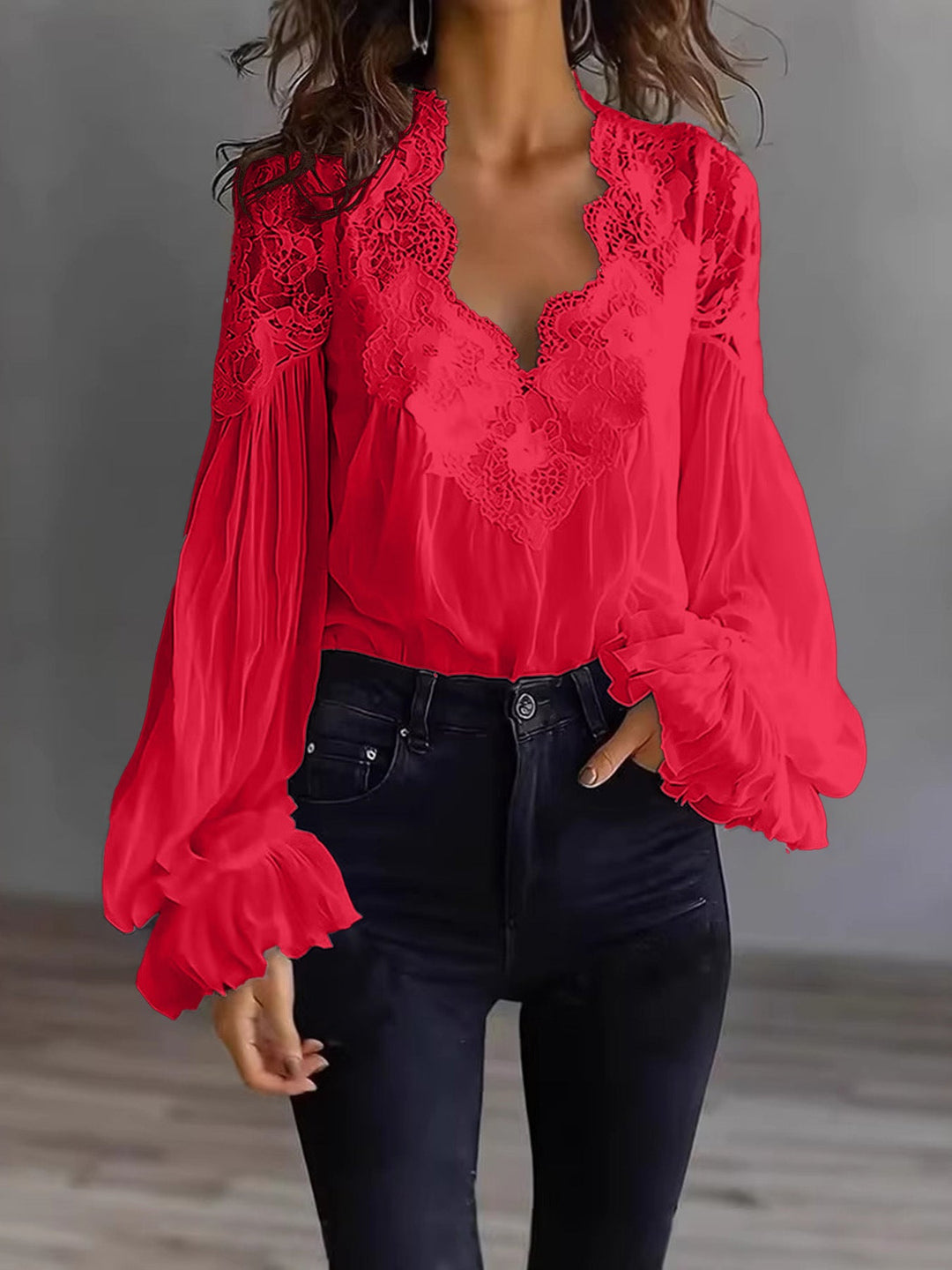 Blusa para mujer con mangas largas abullonadas y encaje – Elegante top vintage