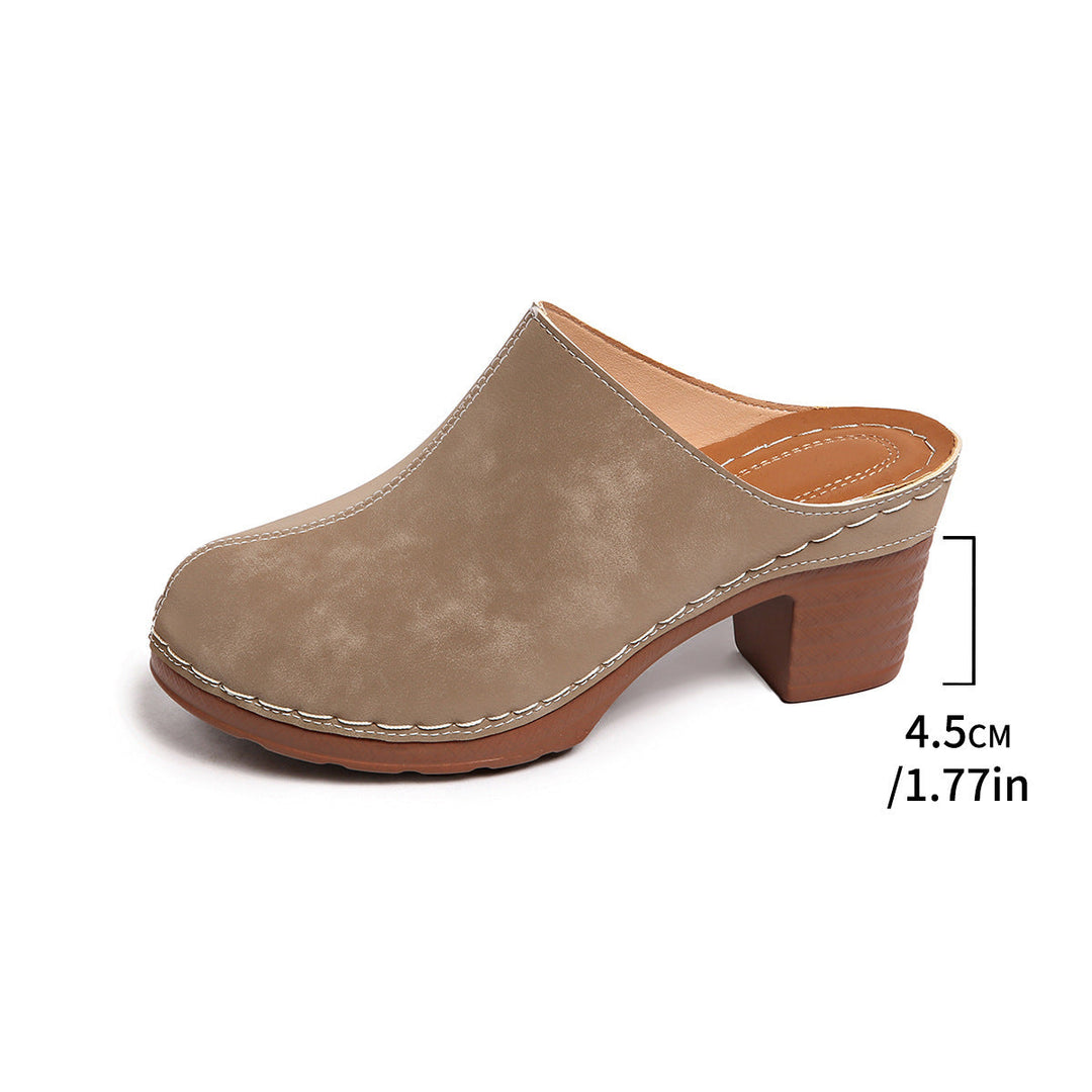 Women's Black Suede-Look Block Heel Mules with White Stitching
