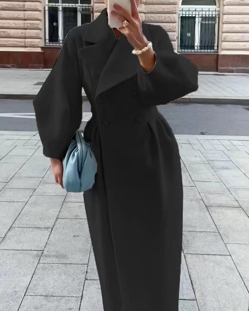 Elegant long women's trench coat – lapel collar & lantern sleeves – modern