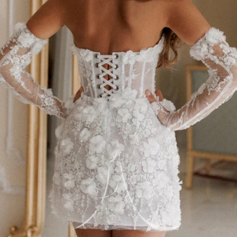 Elegant, romantic wedding dress with floral pattern – sheer insert