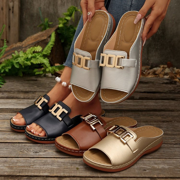 Women's Slip-On Wedge Sandals with Buckle – Comfortable Platform Shoes