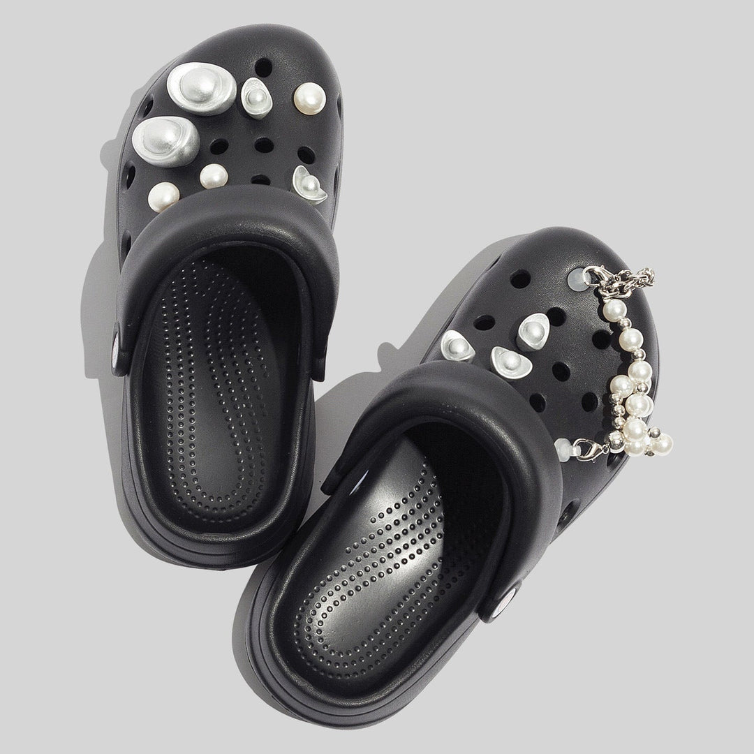 Women's Sturdy Black Clogs With Decorative Beads And Pearl Embellishments