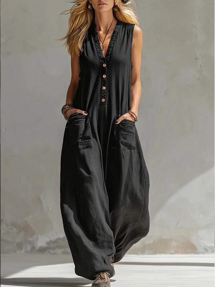 Women's Sleeveless V-Neck Jumpsuit – Wide Leg with Pockets