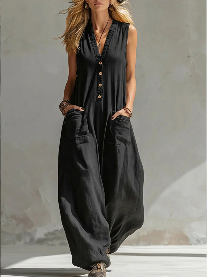 Women's Sleeveless V-Neck Jumpsuit – Wide Leg with Pockets
