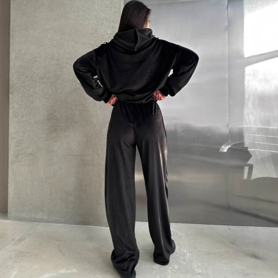 Damen Samt Hoodie Und Weite Hose Set – Bequemes Lounge Outfit
