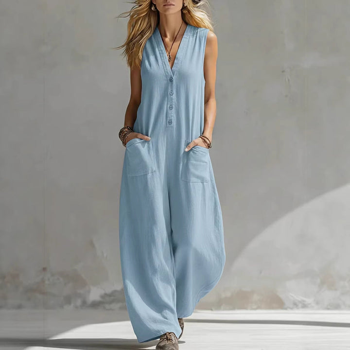 Women's Sleeveless V-Neck Jumpsuit – Wide Leg with Pockets