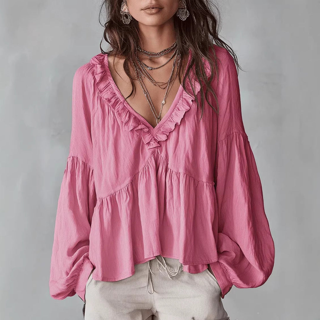Women's Flowing Top with Ruching and V-Neck – Casual Elegant Blouse