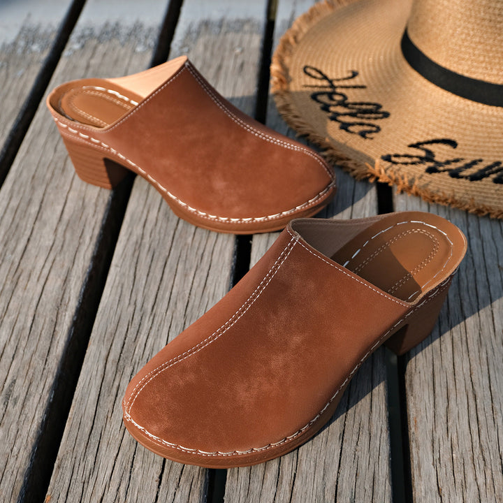 Women's Black Suede-Look Block Heel Mules with White Stitching