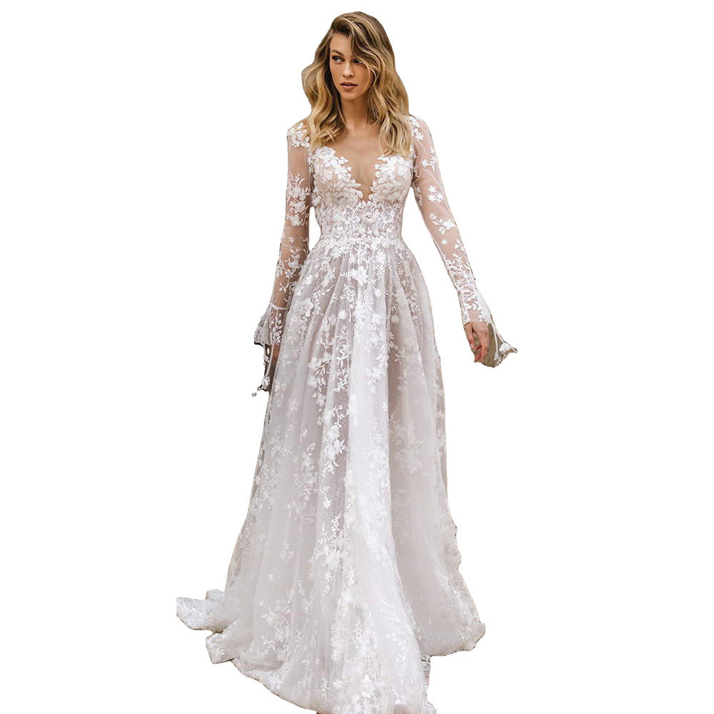 Vestido de novia elegante para mujer con escote en V profundo y aplicaciones de encaje floral – Vestido de novia romántico