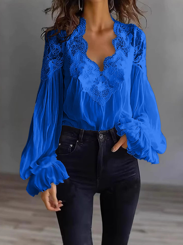 Blusa para mujer con mangas largas abullonadas y encaje – Elegante top vintage