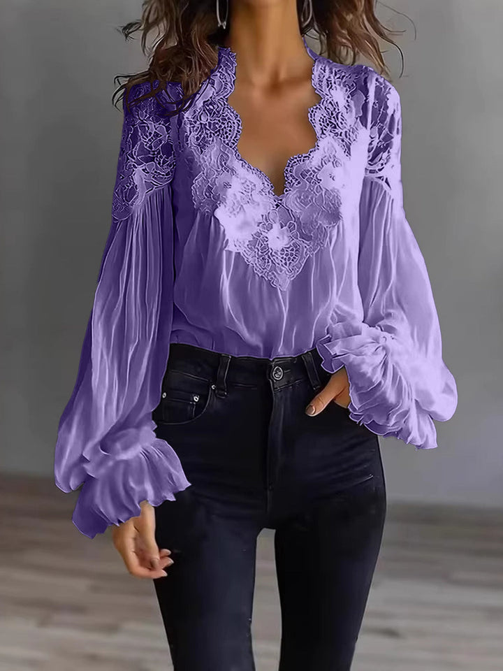 Blusa para mujer con mangas largas abullonadas y encaje – Elegante top vintage