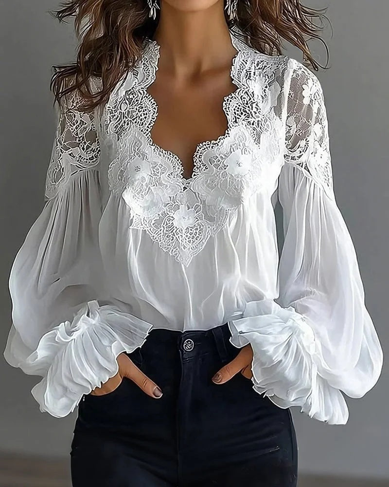 Blusa para mujer con mangas largas abullonadas y encaje – Elegante top vintage