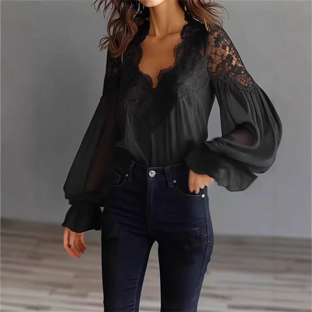 Blusa para mujer con mangas largas abullonadas y encaje – Elegante top vintage