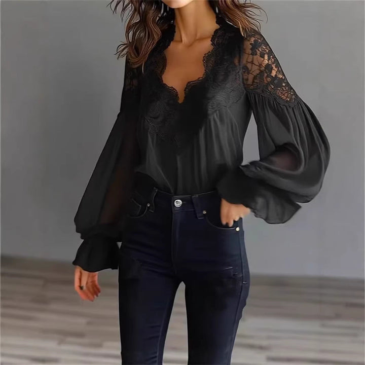 Blusa para mujer con mangas largas abullonadas y encaje – Elegante top vintage