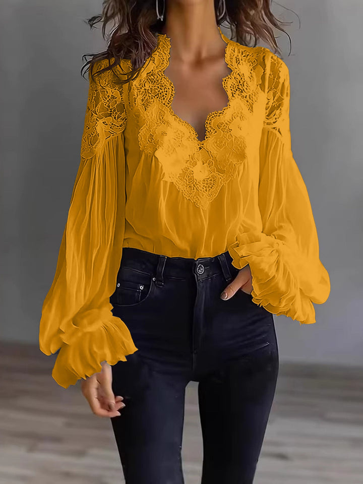 Blusa para mujer con mangas largas abullonadas y encaje – Elegante top vintage