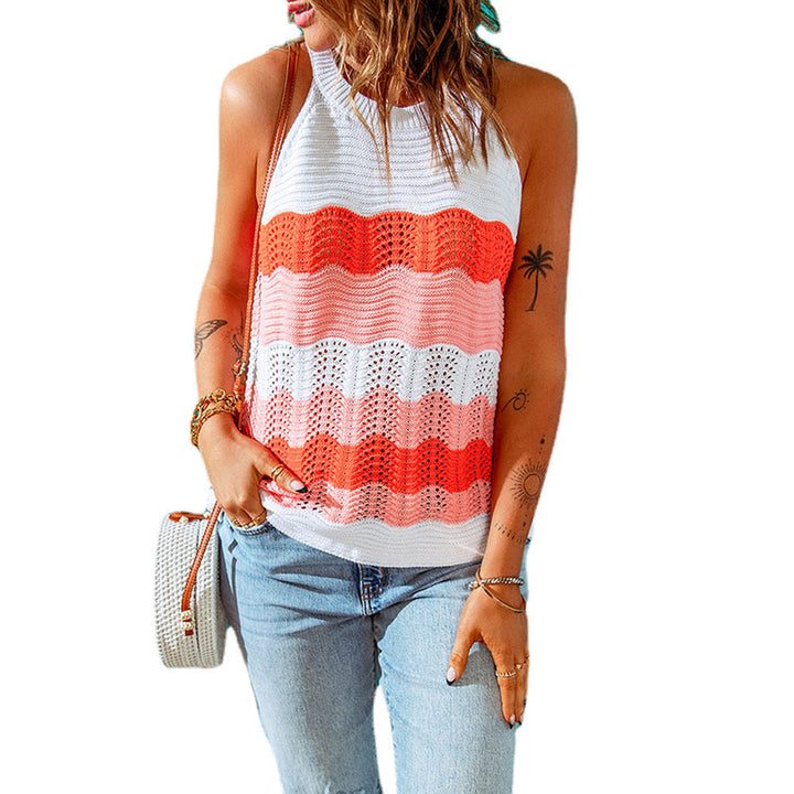 Top tricoté sans manches pour femme – Débardeur d'été à motif ondulé coloré