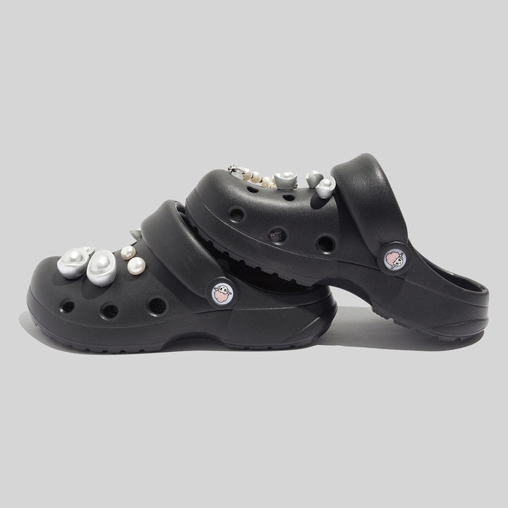 Women's Sturdy Black Clogs With Decorative Beads And Pearl Embellishments