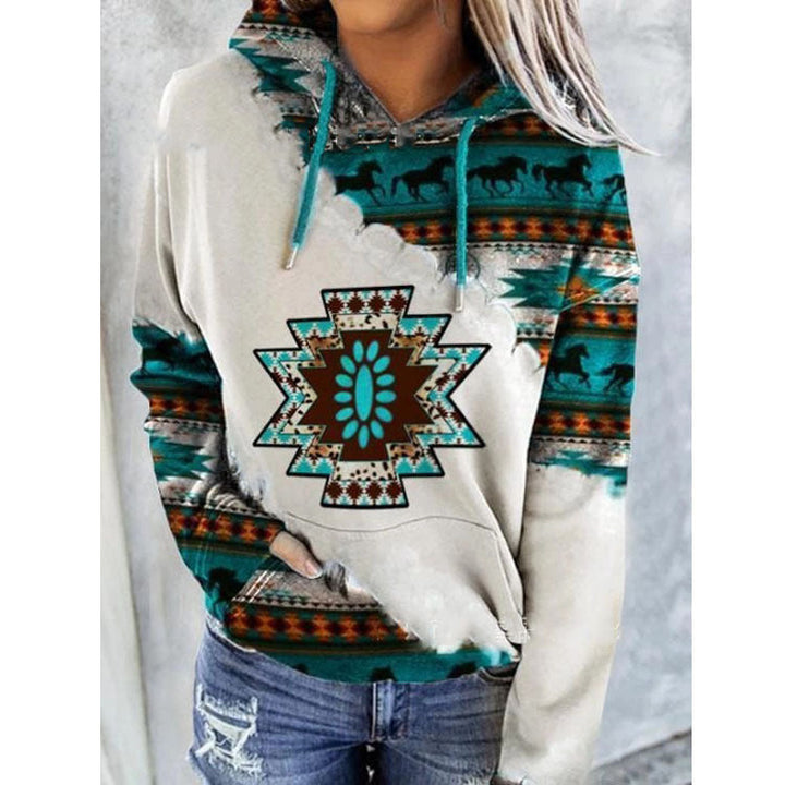 Damen Hoodie mit geometrischem Druck, Kordelzug und Kängurutasche