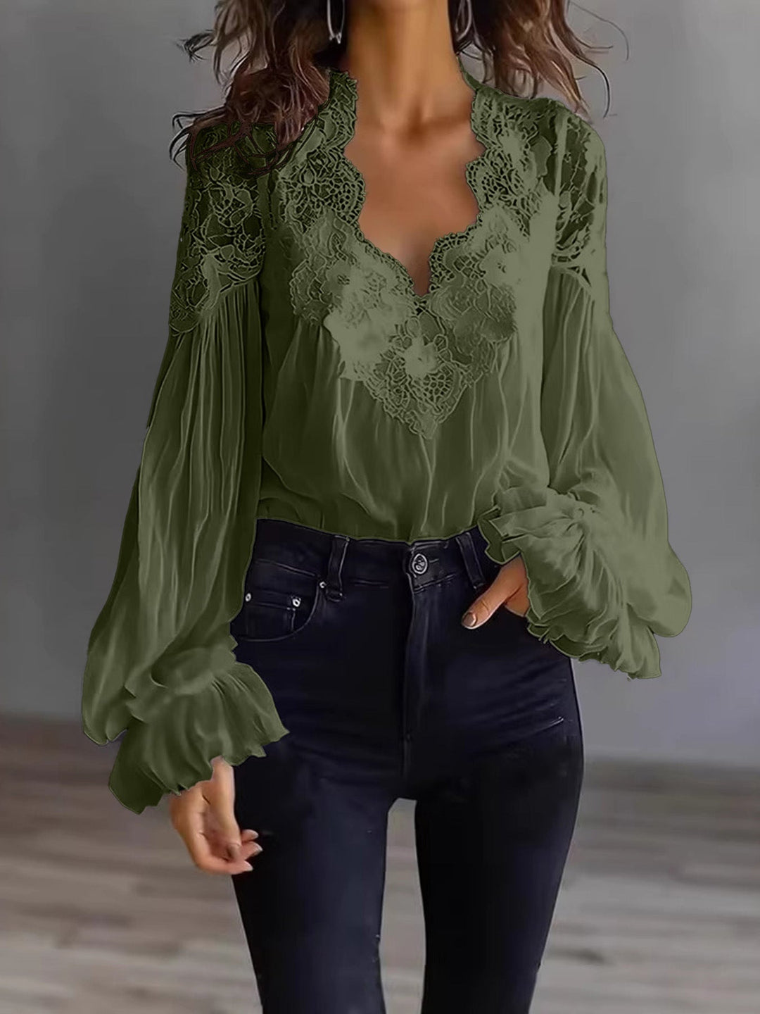 Blusa para mujer con mangas largas abullonadas y encaje – Elegante top vintage