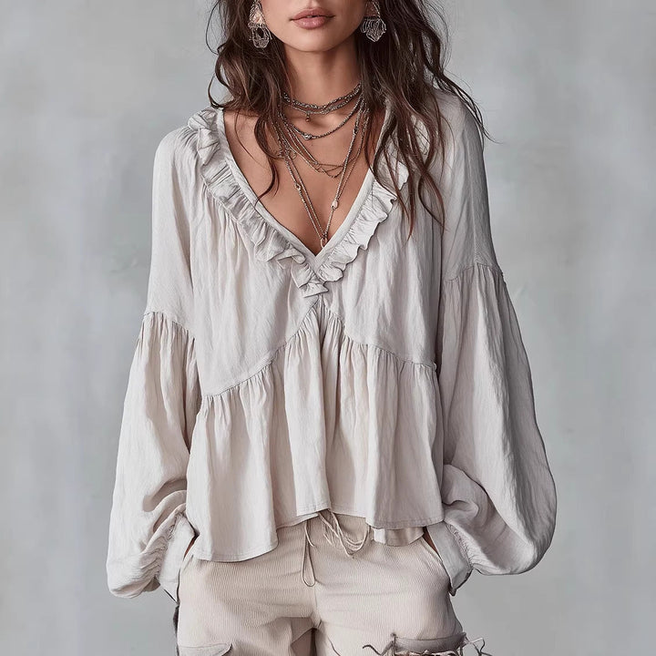 Women's Flowing Top with Ruching and V-Neck – Casual Elegant Blouse