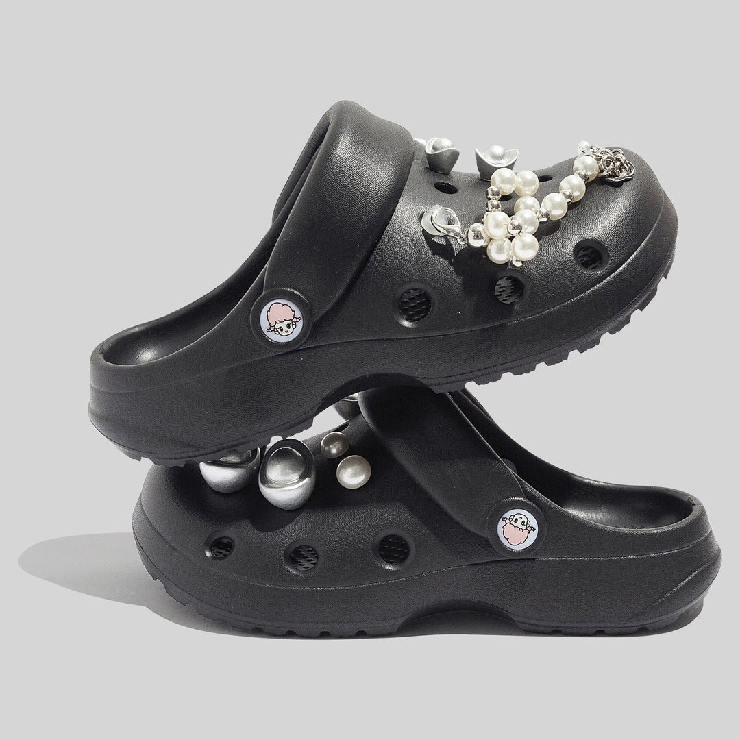 Women's Sturdy Black Clogs With Decorative Beads And Pearl Embellishments